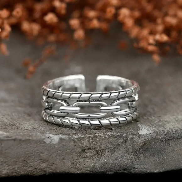 Minimalist 925 Sterling Silver Chunky Silver Ring Curb Chain Link Vintage Ring - Picture 1 of 6